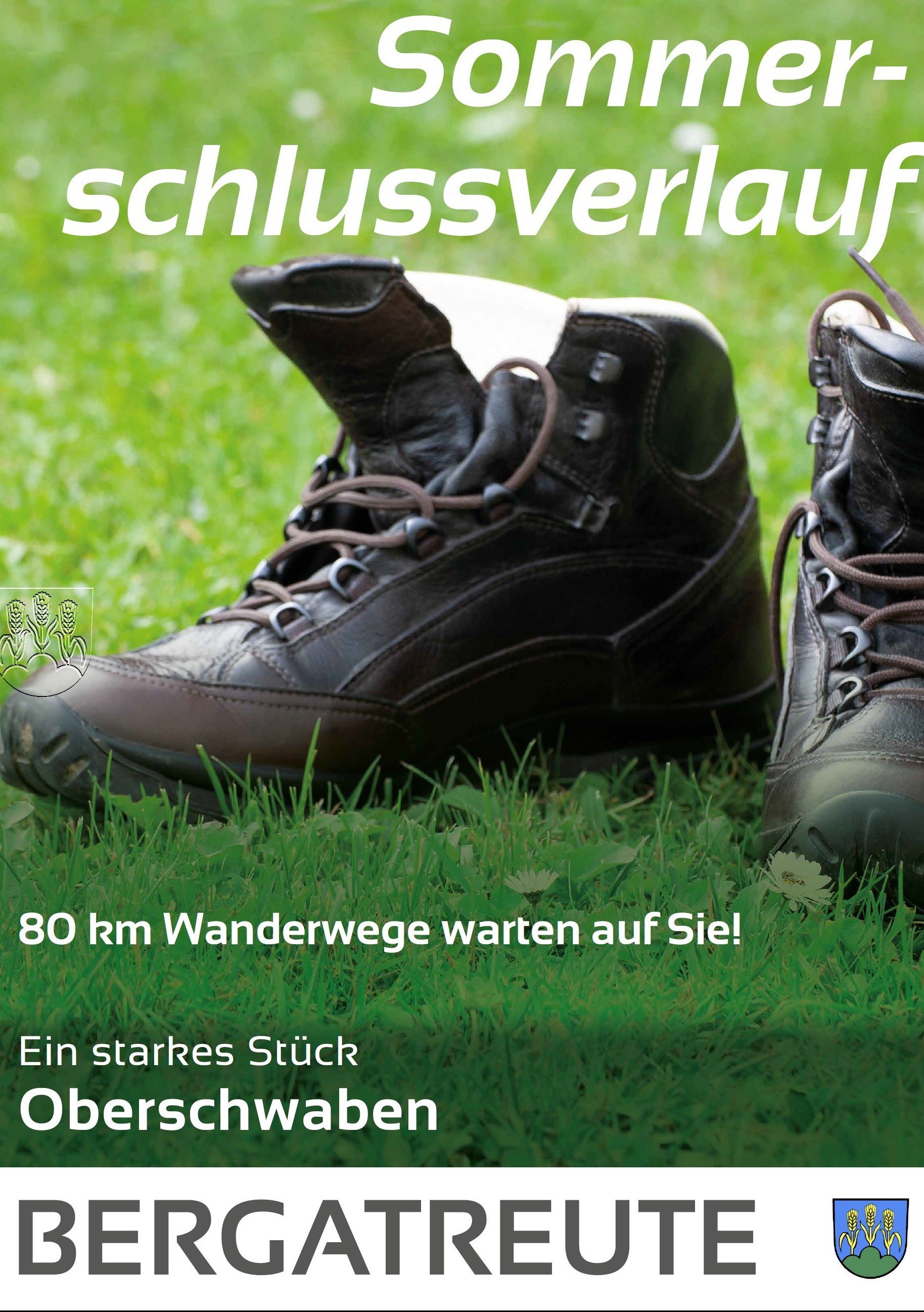  Plakat mit Wanderstiefel und Titel: Sommerschlussverlauf - 80km Wanderwege warten auf Sie 